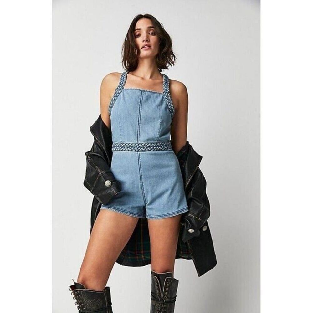 Free People Revolve Denim Romper S Open Back Retro Festival Y2K Trip Blue Karina